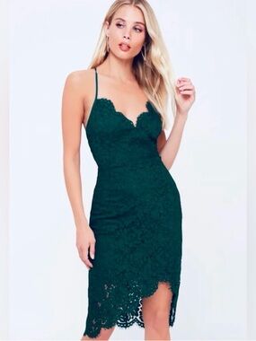 Lulu's Deep Green Lace Spaghetti-Strap Sheath Dress